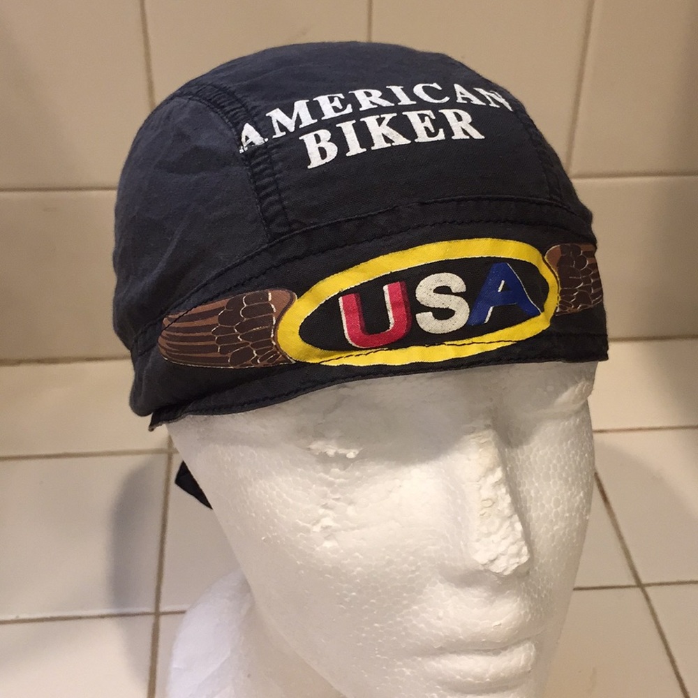 American Biker under helmet hat